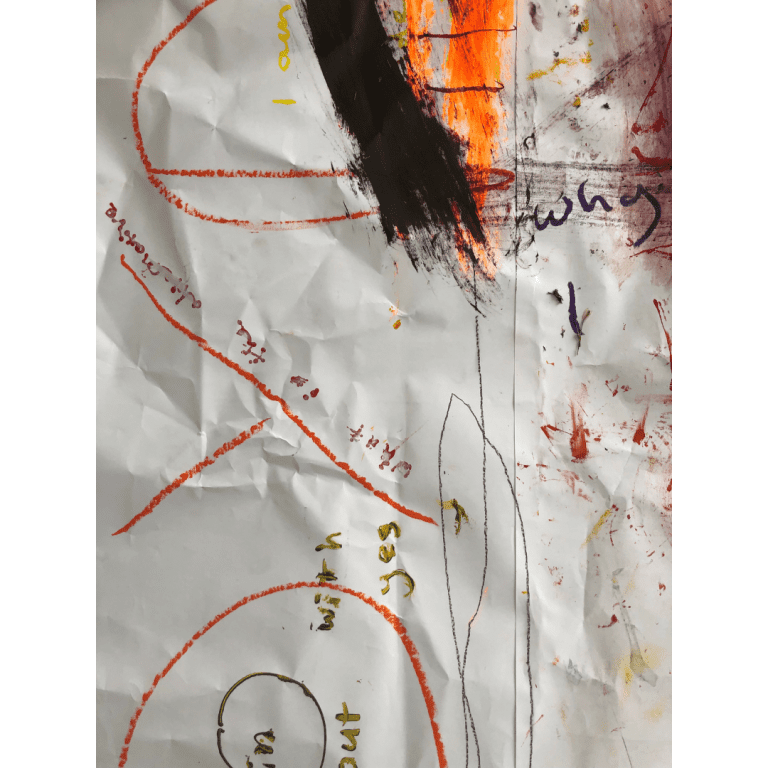 Background of crumpled white paper, with large, messy marks of bright orange, dark brown and red paint. Small painted text in different areas of the image reads ‘why’ in purple, ‘what is the alternative’ in red, and ‘in out with yes’ in bright green. In a much larger font, letters ‘D Y D’ are written vertically.