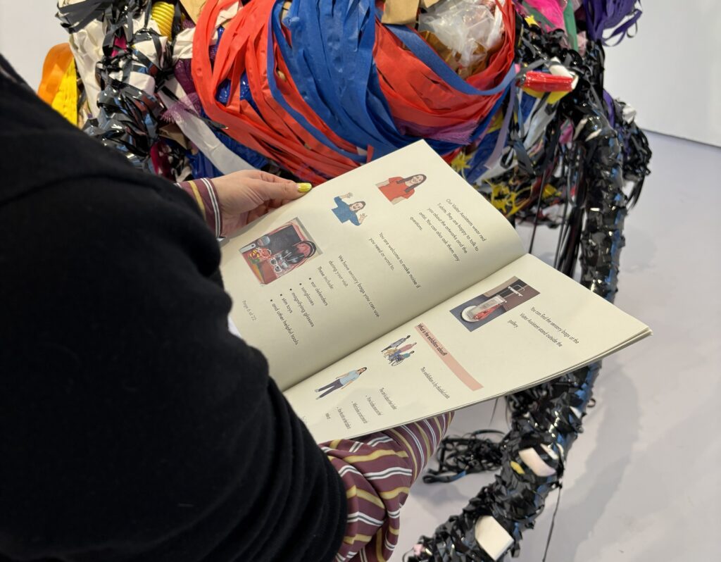 A woman reading an Easy Read exhibition guide. She is standing in a gallery. The photo is taken from over her shoulder