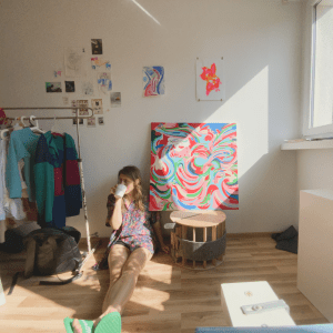 The artist sits on the floor of her studio next to a rail of clothes and a colourful painting.