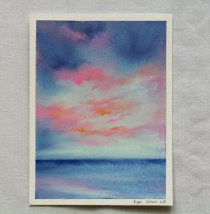 An oil painting of a pink sunrise at Portobello beach.