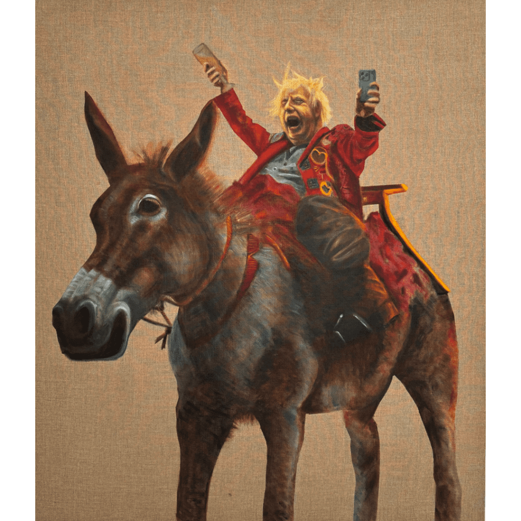 An oil painting on linen of a celebratory Boris Johnson riding a donkey holding aloft a glass of champagne and a mobile phone.