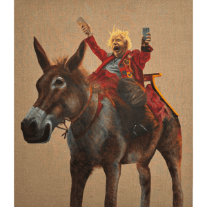 An oil painting on linen of a celebratory Boris Johnson riding a donkey holding aloft a glass of champagne and a mobile phone.