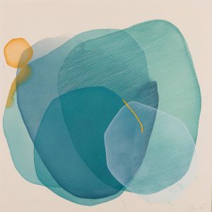 A painting in ink and charcoal. Several intersecting and merging organic shapes in different shades of green, blue and yellow ink. Thin hand drawn lines of white charcoal mimic the striations of rock and a flash of bright yellow edges one of the shapes.