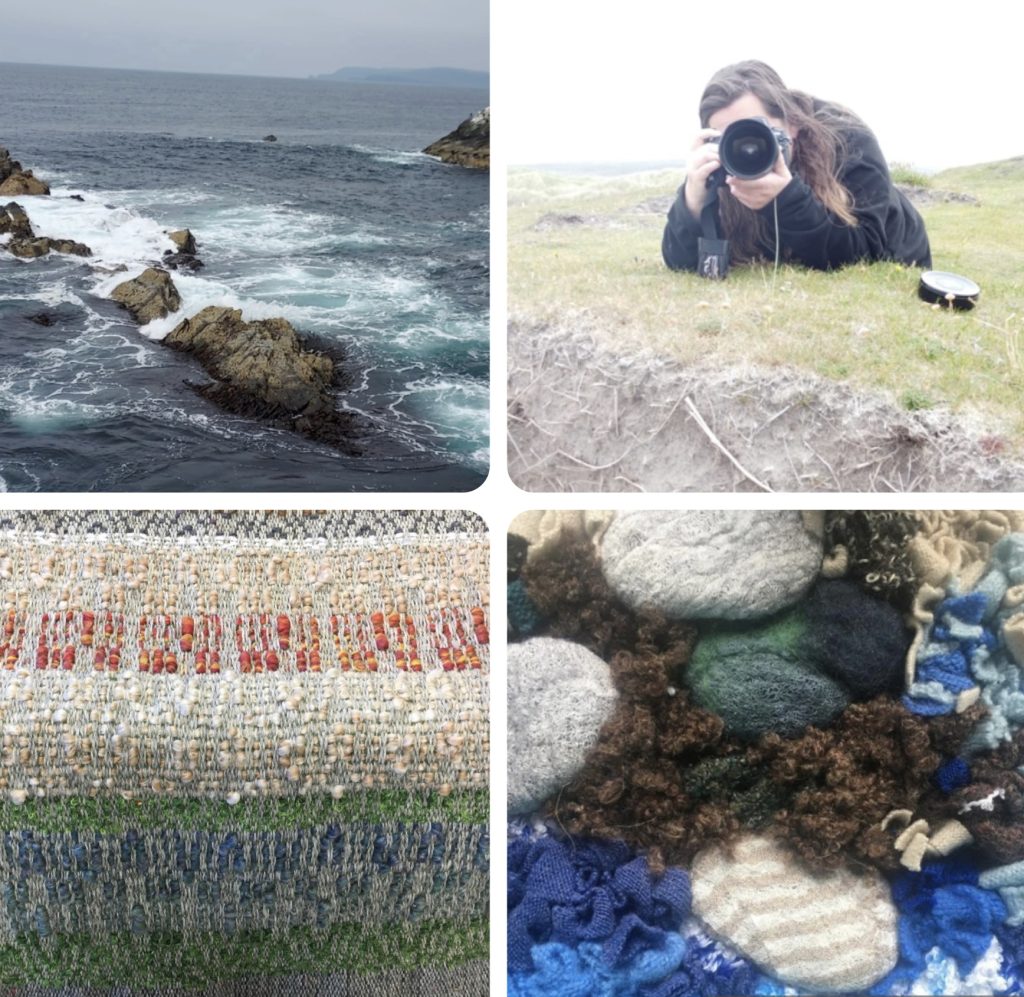 4 photographs. Top left shows waves hitting against rocks. Top right shows a person lying down holding a camera. Bottom left is a close-up image of embroidered fabric. Bottom right shows a collection of different coloured wool.