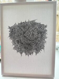 An abstract form depicting natural and organic patterning, simultaneously expanding and contracting, viewable at microscopic and cosmic scales. Fineliner on A3 canvas.