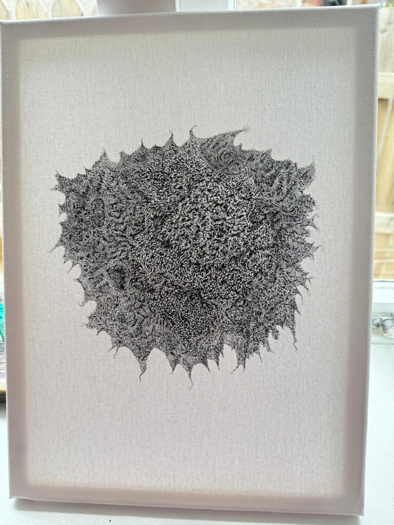 An abstract form depicting natural and organic patterning, simultaneously expanding and contracting, viewable at microscopic and cosmic scales. Fineliner on A3 canvas.
