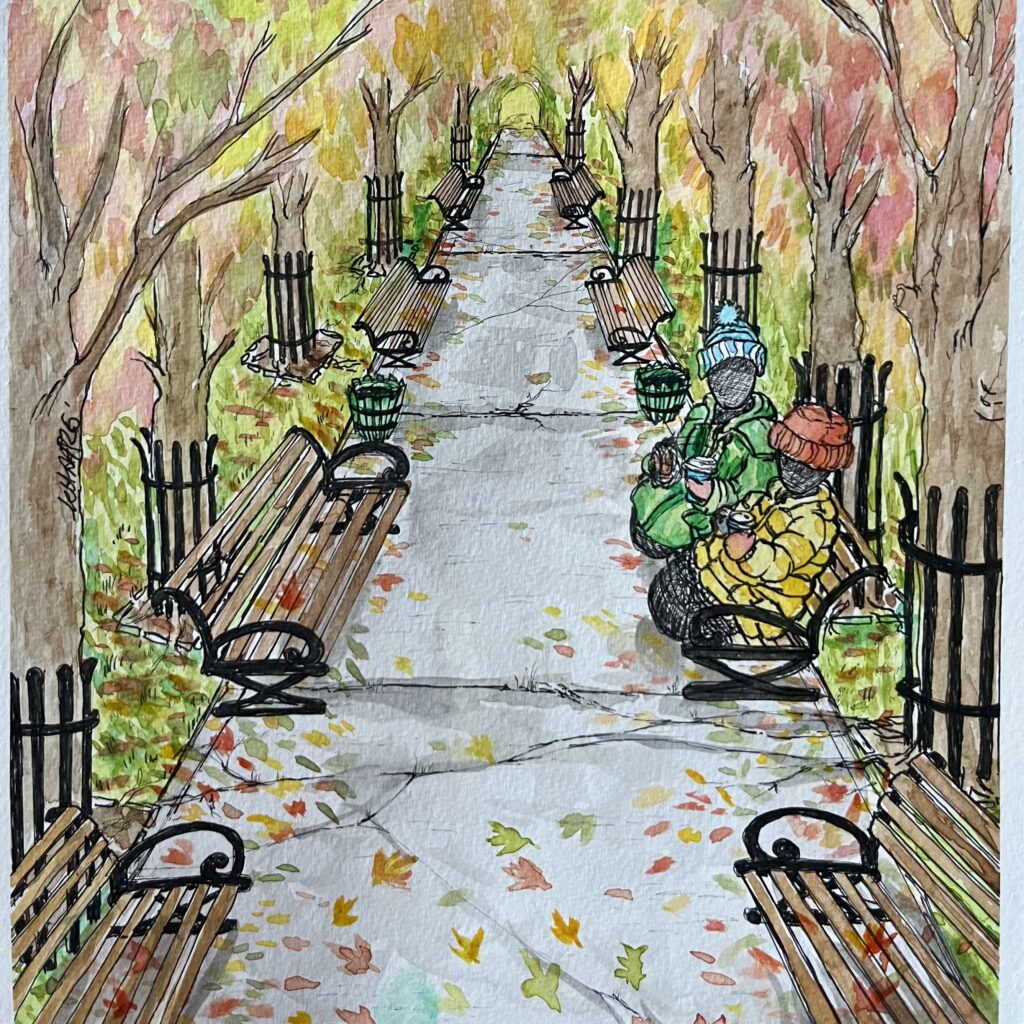 Two humanoid shapes in warm coats with scarves and wooly hats are sat on the right side of a walkway lined with autumn trees on a wooden and iron park bench. They appear to be happily mid conversation as if two old friends meeting up.