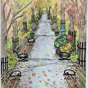 Two humanoid shapes in warm coats with scarves and wooly hats are sat on the right side of a walkway lined with autumn trees on a wooden and iron park bench. They appear to be happily mid conversation as if two old friends meeting up.