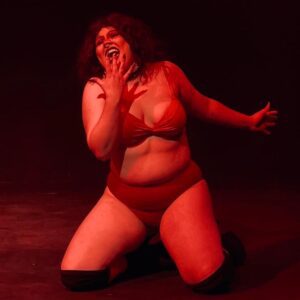 A picture of a drag artist on stage. They are on their knees wearing pants and a bra and have their mouth open as if singing. The stage lighting is red.