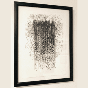 A framed drawing full of lines that make the shape of a weaving, with words interspersed. Drawing is black and grey colours. Frame is black.