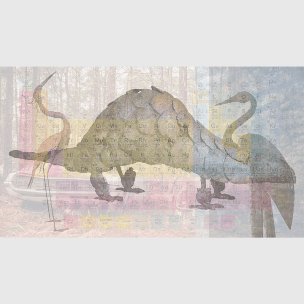 A digital collage of overlaid images, including a pine forest, a periodic table, two crane birds and a pangolin. The colours are soft and the images are semi-transparent.
