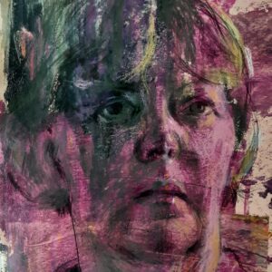 A self-portrait head study drawing of Julia Laing created with layers of pink paint, black pencil and coloured pastels. The subject is looking directly at the viewer.
