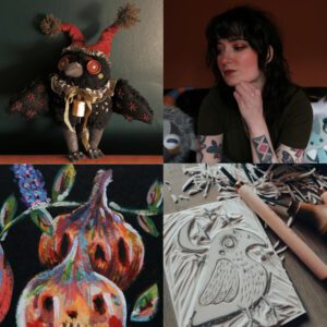 Four images within a square. Top left: A textile handmade crow with large button eyes and embroidered wings. Top right: An image of the artist, Nicolpops - a white woman with black shaggy hair with arms covered in tattoos. Bottom left: A painting of two spooky looking pumpkins with a floral background. Bottom right: a block of lino with a crow carved design. The lino cutting tools and lino carve cuttings can be seen surrounding the block.