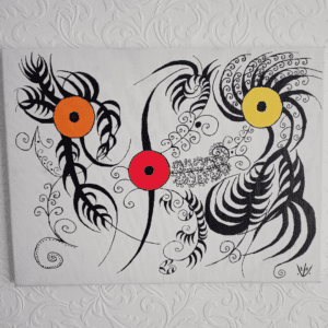 An abstract painting, black patterns on a white background. The black lines vary in thickness. There are three coloured circles in the painting, one yellow, one red and one orange.