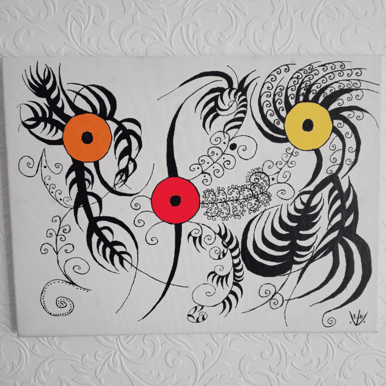 An abstract painting, black patterns on a white background. The black lines vary in thickness. There are three coloured circles in the painting, one yellow, one red and one orange.