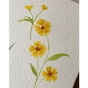 A delicate watercolour painting of small yellow flowers on white paper.