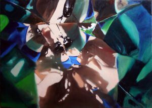 Painting of a view so fragmented from being reflected in shards of mirror, it is uncertain exactly what it is depicting.