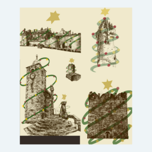 A composite of 5 digital drawings of medieval monuments wrapped in Christmas lights
