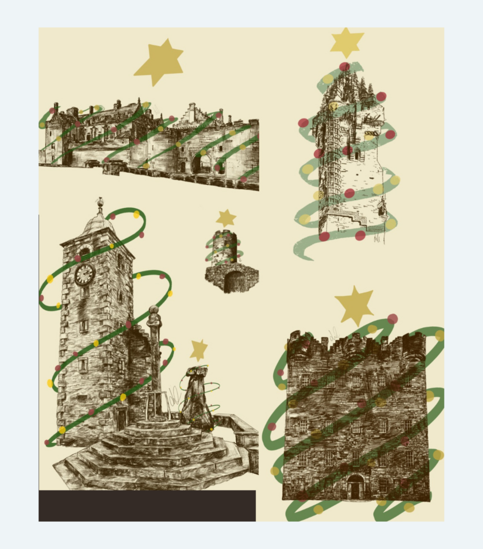 A composite of 5 digital drawings of medieval monuments wrapped in Christmas lights