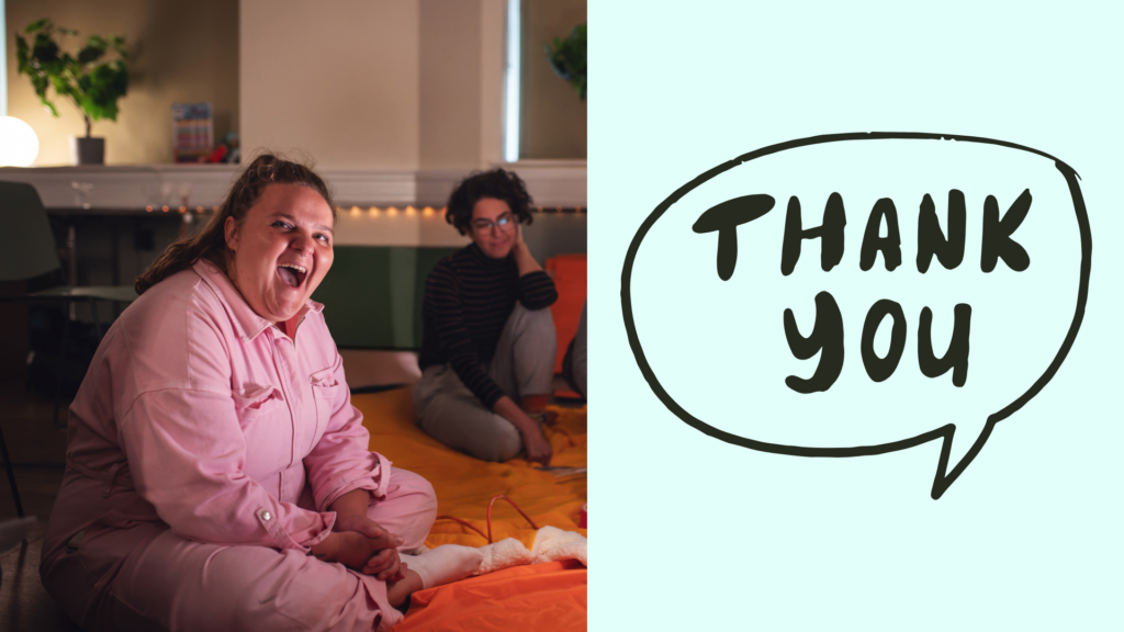 Photo of a smiling woman and a speech bubble that says "thank you"