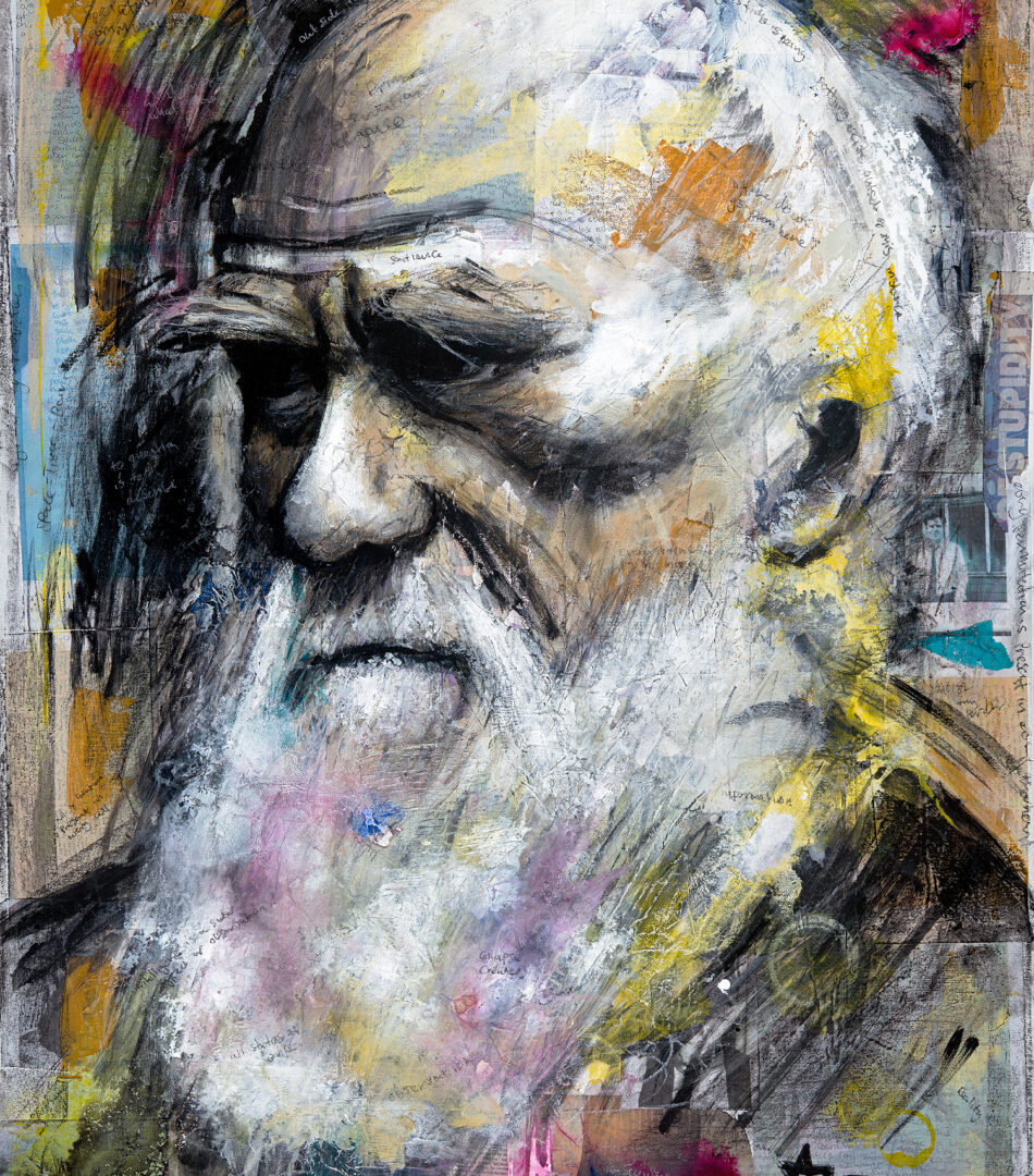 A impressionistic painting of Charles Darwin depicted in muted ocres, yellows and browns. Darwin is shown facing three quarters on facing to the viewer's left, full head and shoulders. He has a long, bushy white beard. He is depicted on a base of collage which shows old photos and cuttings from newspapers. Messy, handwritten text can be seen much of which is not readable. The phrase 