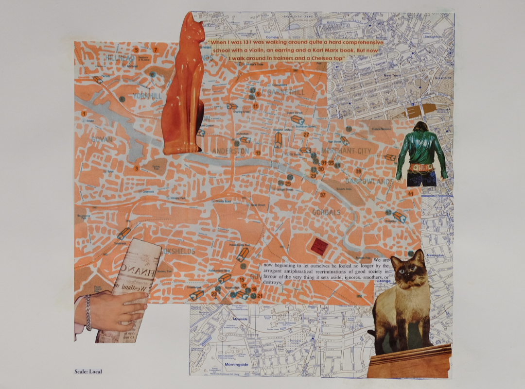 A collage made using two maps, and magazine cutouts of two cats, a hand holding a newspaper, and a person seen from behind.