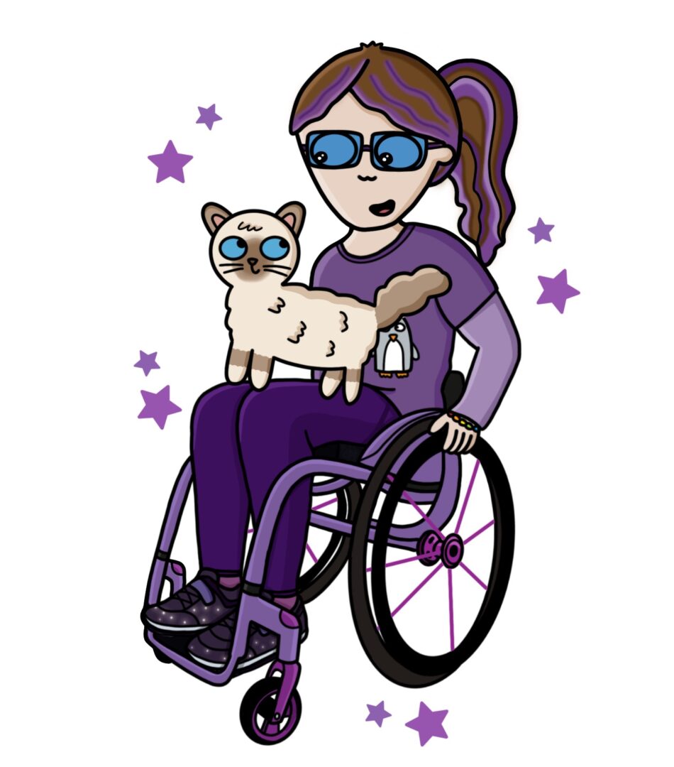 Illustration of a girl in a purple wheelchair with a fluffy cat on her lap. The girl is wearing a purple outfit, blue tinted glasses and has purple streaks in her hair. There are stars surrounding her.