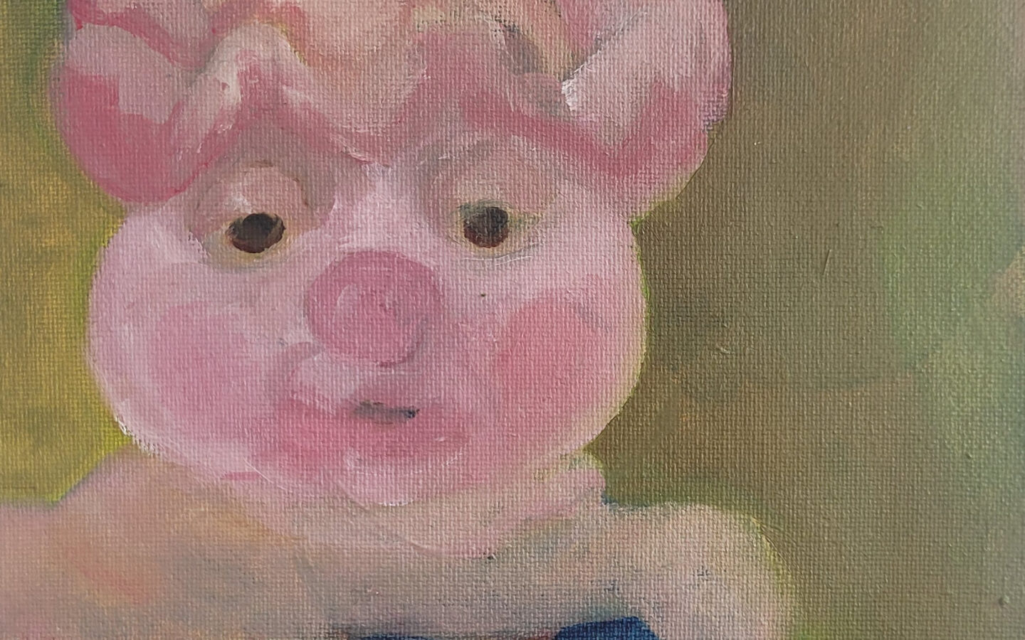 Oil painting of a toy pig holding a plate with the trotter of another pig.