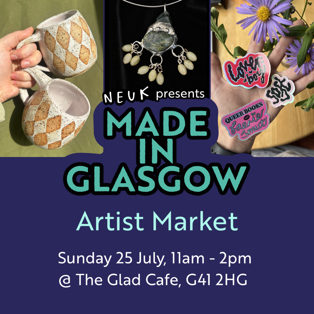 Graphic with "Made in Glasgow" in teal. There are photos of handmade mugs, a silver pendant, and stickers that say "Lover boy" and "soft"