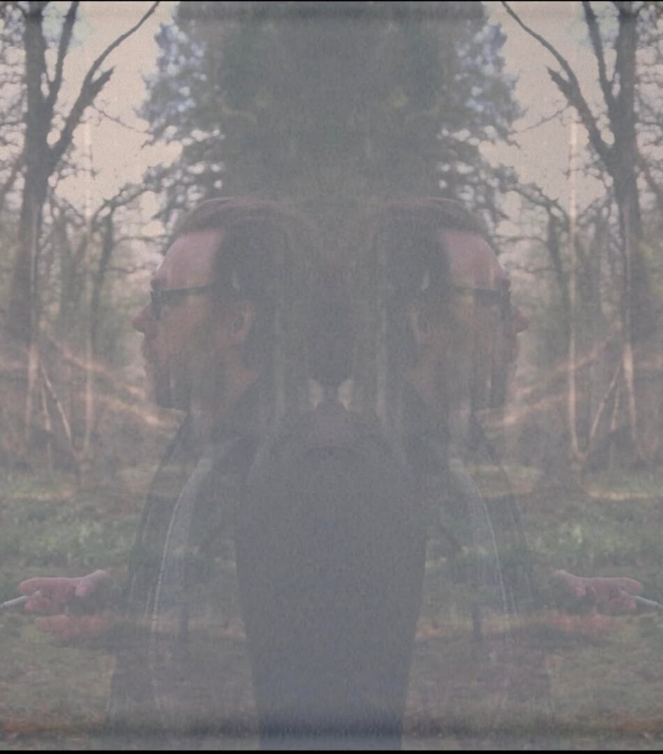 One image presents a symmetrical, manipulated portrait of me in woodland, framed like a film still, reflecting our shared interest in landscape, symmetry and altered ways of seeing.