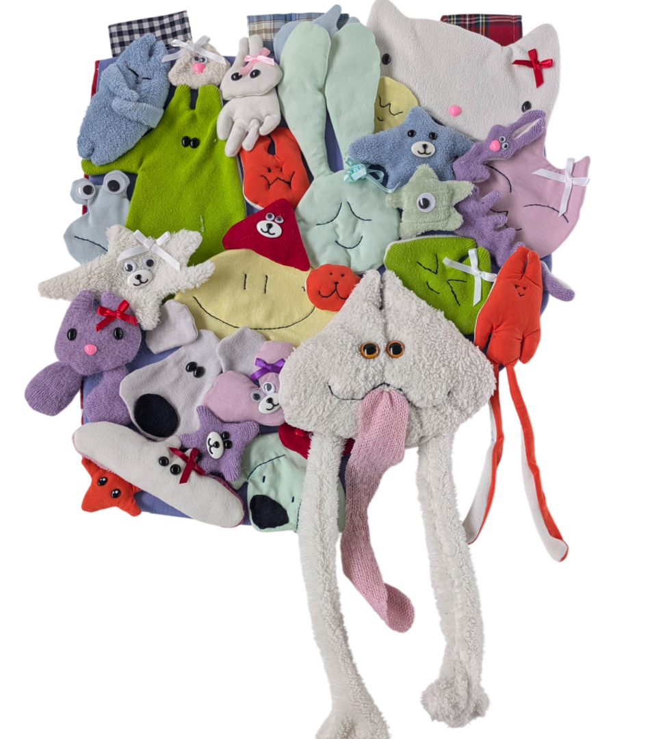 A soft sculpture made up of knock-off bootleg plushies sewn together into a continuous form