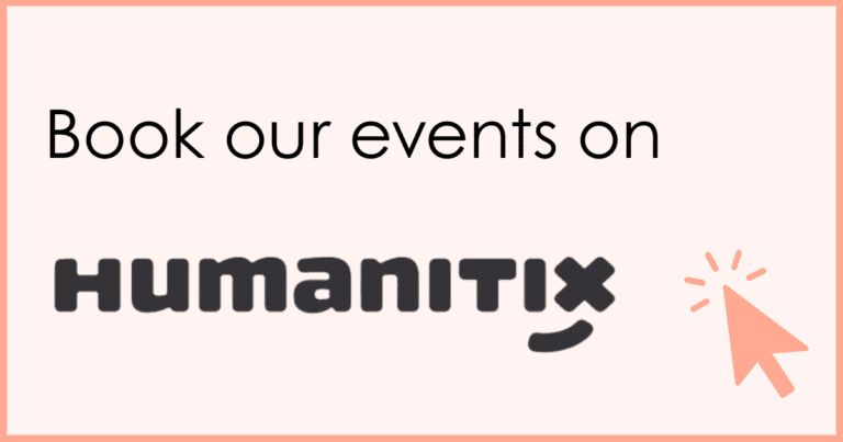 graphic that reads "book our events on humanitix". There is also a cursor icon.