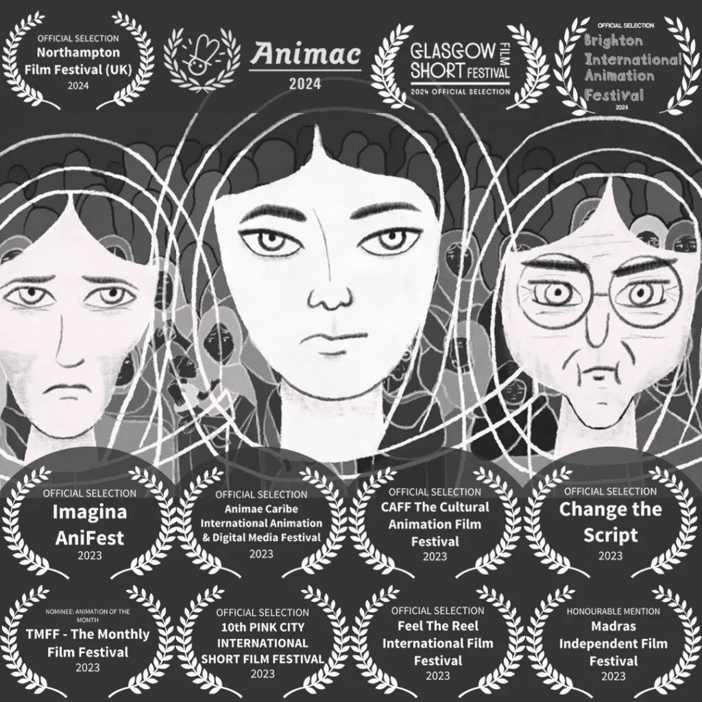 Screenshot from the animation "Lost Voices of Partition", a collaboration with Northumbria University and Glasgow Women's Library. Three Pakistani women from different generations stare defiantly into camera as hundreds of women stand in shadow behind them. There are laurels from various film festivals present.