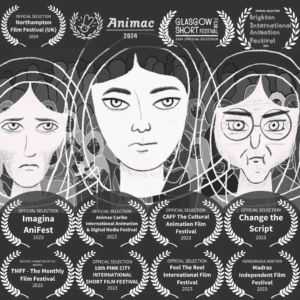 Screenshot from the animation "Lost Voices of Partition", a collaboration with Northumbria University and Glasgow Women's Library. Three Pakistani women from different generations stare defiantly into camera as hundreds of women stand in shadow behind them. There are laurels from various film festivals present.