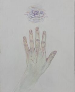 This image is of a drawing on a white gessoed board. The drawing depicts the back of a hand in a multi-coloured pastel colour scheme. Above the hand is an abstracted, enlarged depiction of the lines of a wrinkled knuckle, in a cool purple tone. The hand and knuckle are scratched, peppered with white scars and red scabs. The indentations of rings can be seen on the index and the pointer fingers, and the hand fades away into the white background through the wrist.