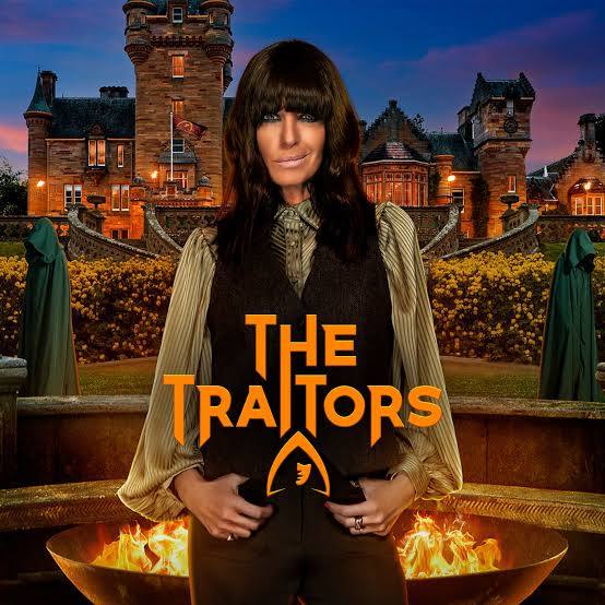 Claudia Winkleman with 'The Traitors' logo on top and the castle in the background.