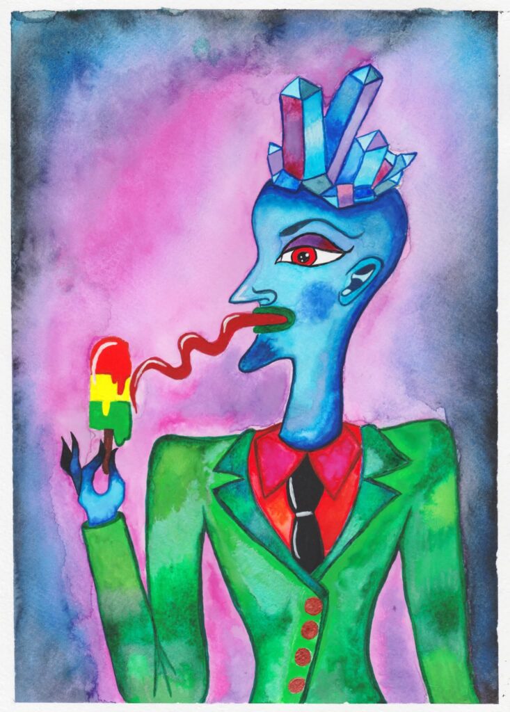 This is a watercolour and gouache painting titled Mr Brain Freeze. It is whimsical and humorous, like all of my work, and depicts a man getting brain freeze from eating ice cream - a common sensation when one is Autistic.