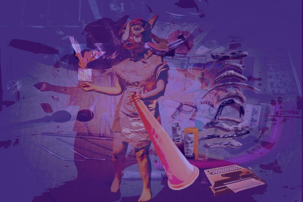 Self-portrait of Rita, a stylised purple and pink collage illustration showing her wearing a cardboard DIY animal-like mask and paper garment, mid-gesture with one hand raised holding a small sculpture and the other gripping a large traffic cone that she uses as a megaphone in her free improvisation gatherings. Behind her, a cluttered scene of found objects: bone-like sculptural shapes, small carved figures, an old-fashioned typing machine, tubing, and workshop tools, all rendered in a bold duotone palette.