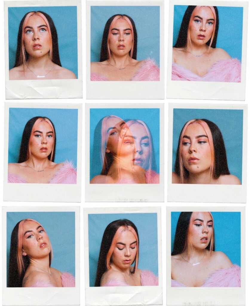 9 portrait shots of Shauna in different poses, who has long dark with a pink streak.