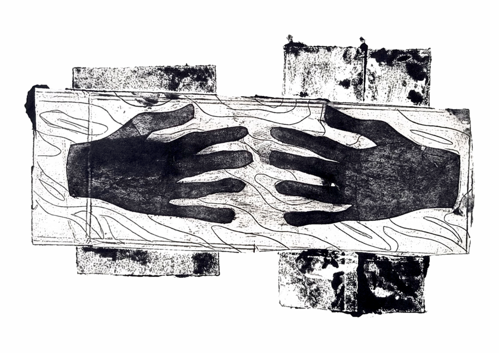 Black and white print of hands, there are thin lines to give the impression of water rippling around them.