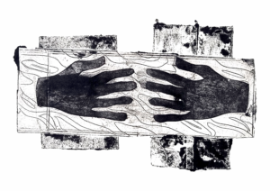 Black and white print of hands, there are thin lines to give the impression of water rippling around them.