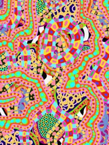 Colourful, unique patterns, textures, colours layered on top of other colours, layers intersecting with other layers creating a contrasting effect. I want to make it sort of look like a cross between a puzzle, a Jackson Pollock painting and the image in a kaleidoscope.
