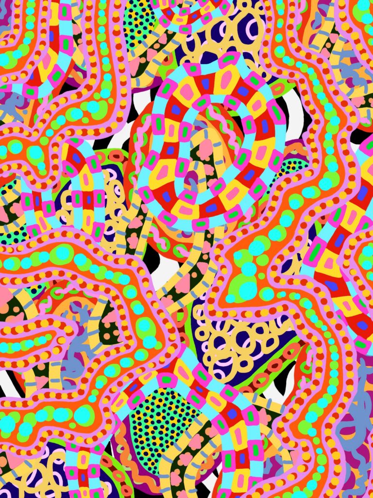 Colourful, unique patterns, textures, colours layered on top of other colours, layers intersecting with other layers creating a contrasting effect. I want to make it sort of look like a cross between a puzzle, a Jackson Pollock painting and the image in a kaleidoscope.