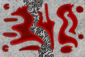 Graphic abstract work in white, black and red colours