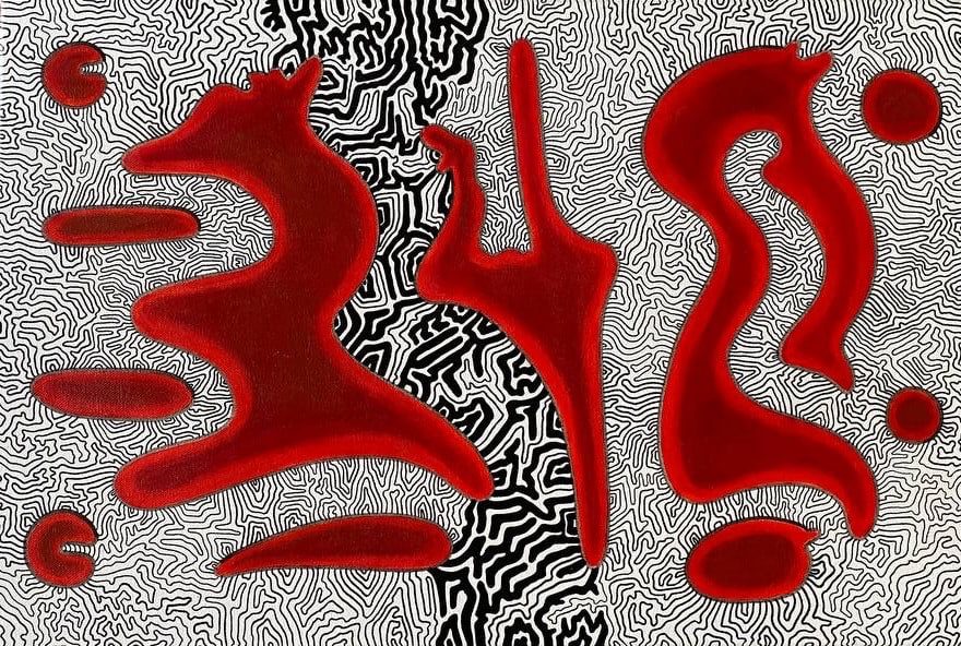 Graphic abstract work in white, black and red colours