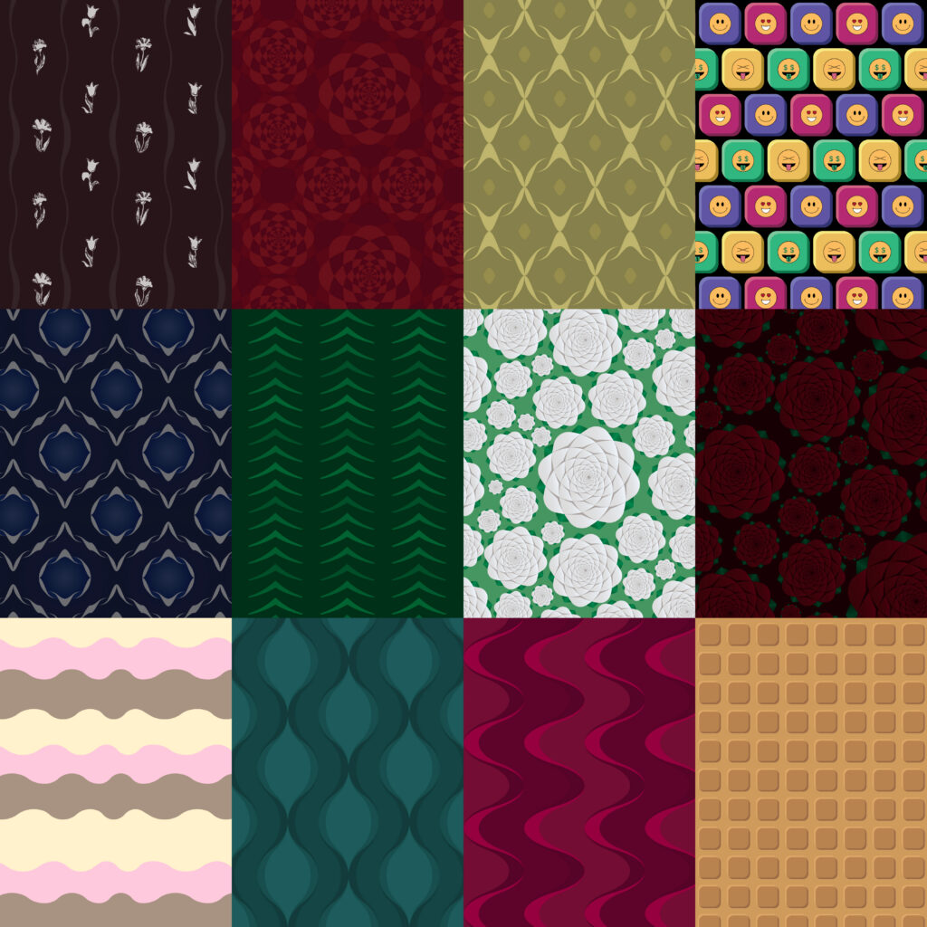 A grid of twelve different digital surface pattern designs ranging from colourful an fun to moody and geometric.