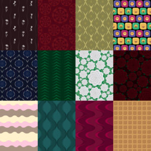 A grid of twelve different digital surface pattern designs ranging from colourful an fun to moody and geometric.