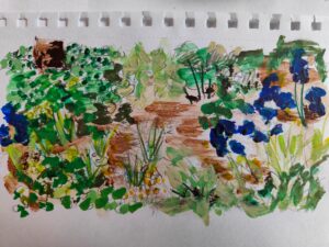 A colour sketch of a woodland scene.