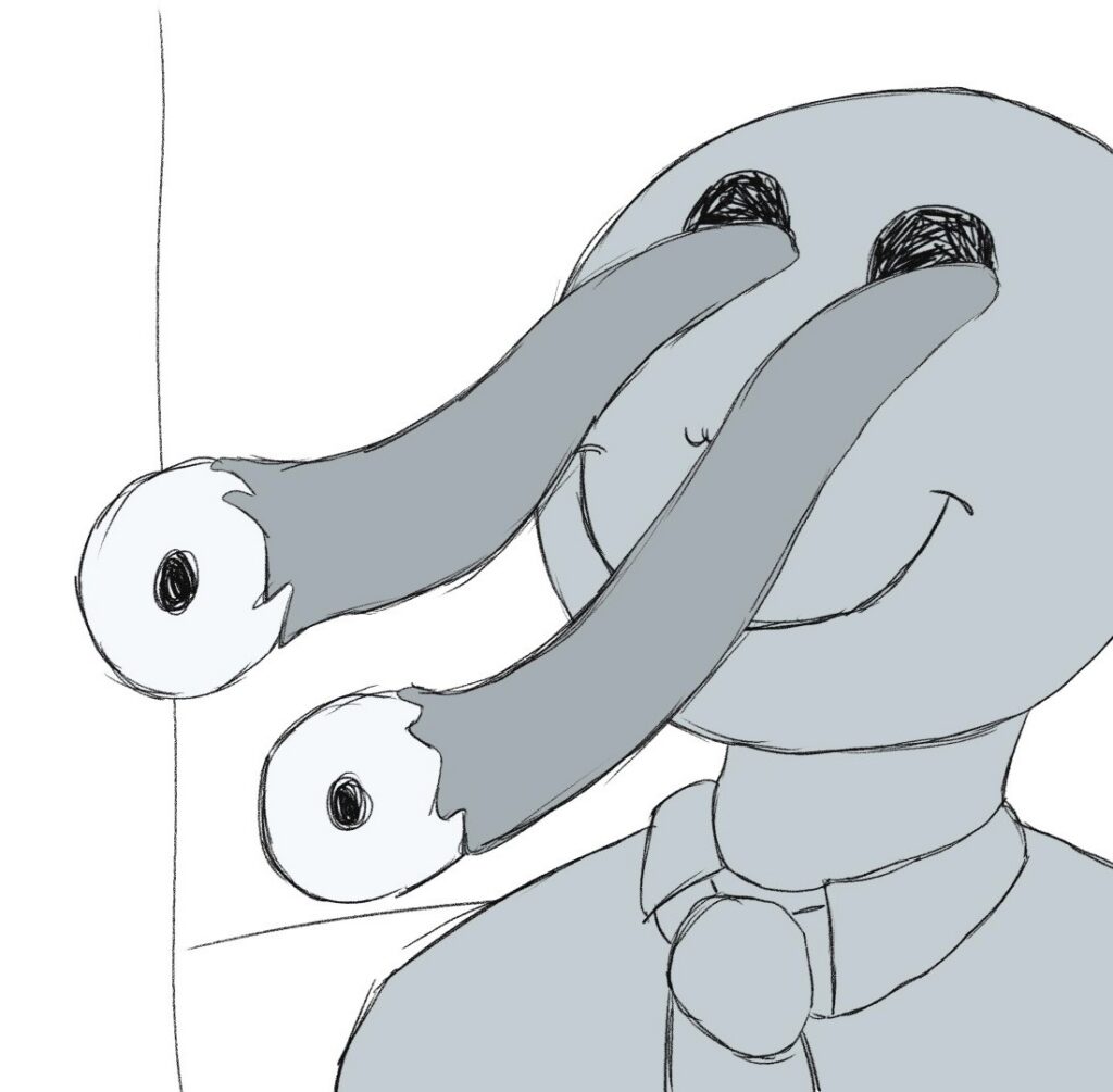 Close up drawing of a cartoony greyscale middle aged man, whose eyeballs are snaking out of his head.