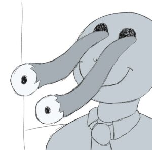 Close up drawing of a cartoony greyscale middle aged man, whose eyeballs are snaking out of his head.